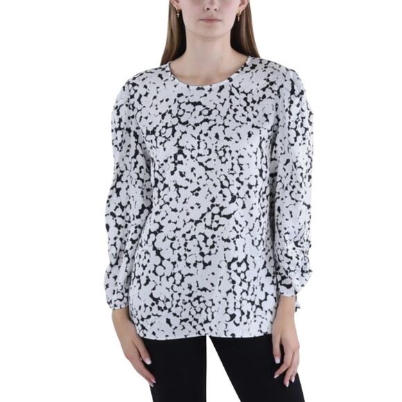 DKNY Black White Printed Ruched Sleeve Crewneck Relaxed Fit Blouse Top Small NWT - Picture 1 of 13